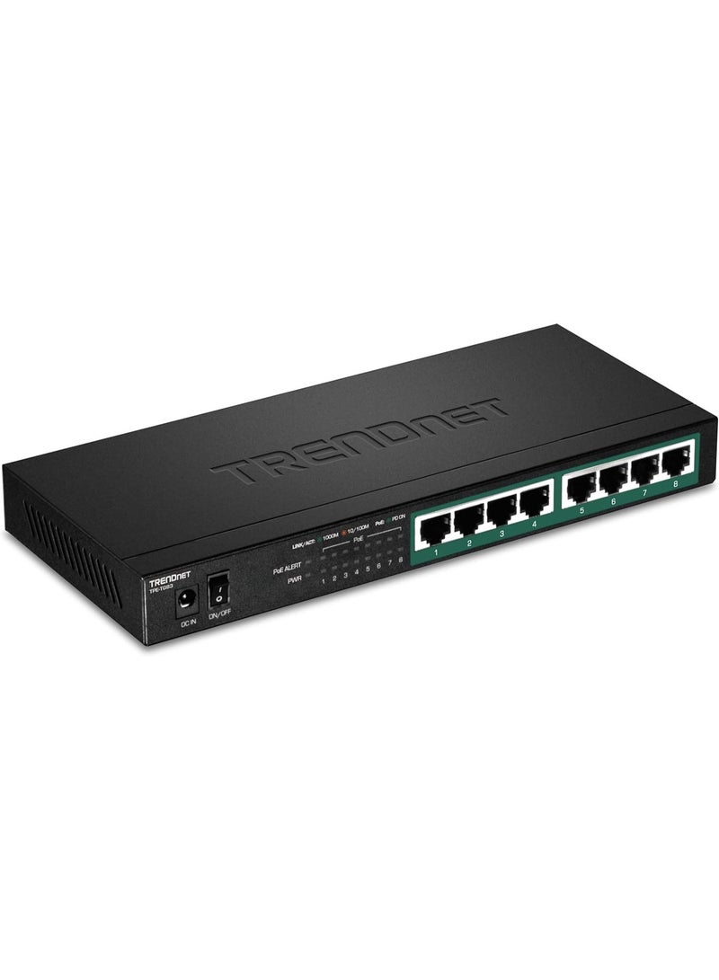 تريندنت مفتاح TRENDnet جيجابت PoE+ بثمانية منافذ، استهلاك طاقة PoE 65 واط، سعة تحويل 16 جيجابت في الثانية، جودة خدمة IEEE 802.1p، دعم تمرير DSCP، بدون مروحة، قابل للتركيب على الحائط، حماية مدى الحياة، أسود، TPE-TG83 - Image 1